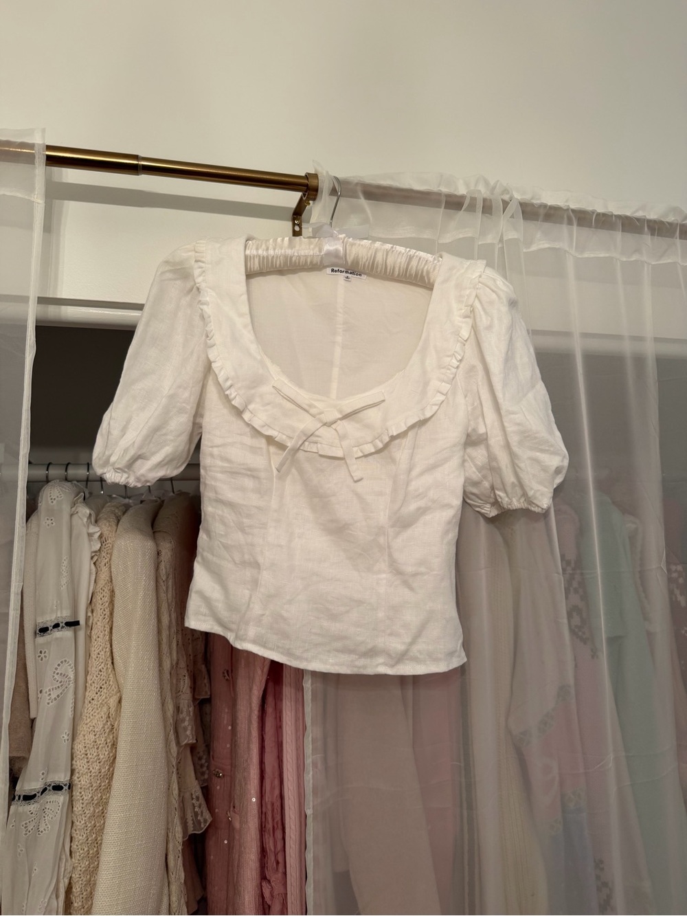 Reformation White Greta Linen Puff Sleeve Ruffle Blouse Cottagecore